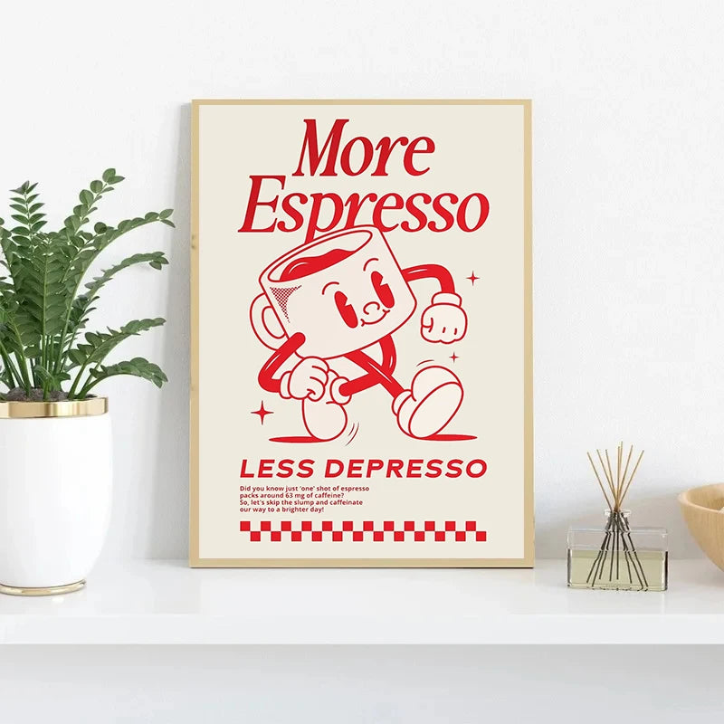 More Espresso Less Depresso Funky Cafe Coffee Quotes Poster Print Canvas Painting Wall Art Pictures for Kitchen Room Home Decor