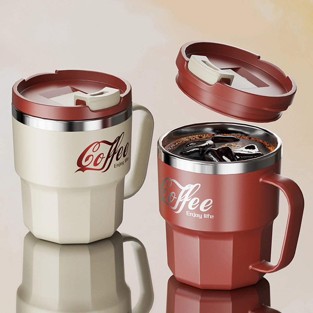 400/480ML 304 Stainless Steel Coffee Cup with Lid&Handle Double Layer Coffee Mug Drinkware Reusable Insulated Water Cup